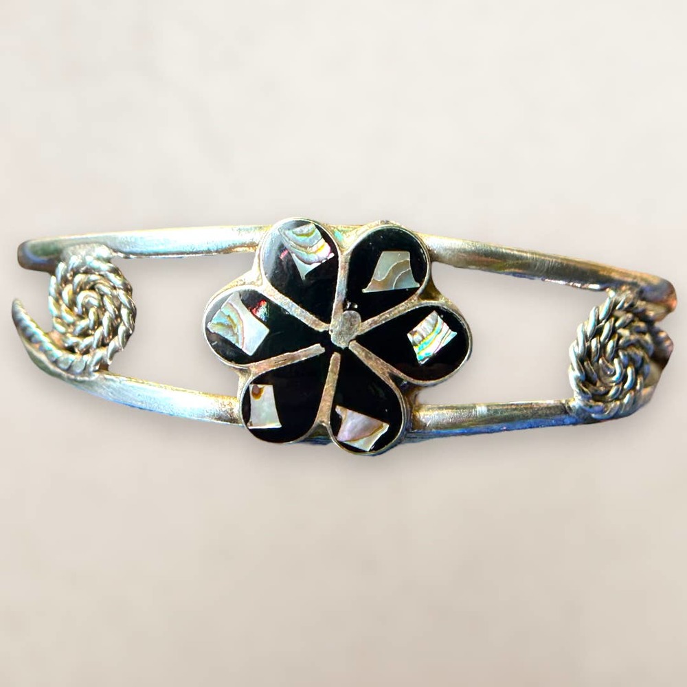 Vintage Alpaca Mexico Silver and Abalone Mother of Pearl Flower Cuff Bracelet